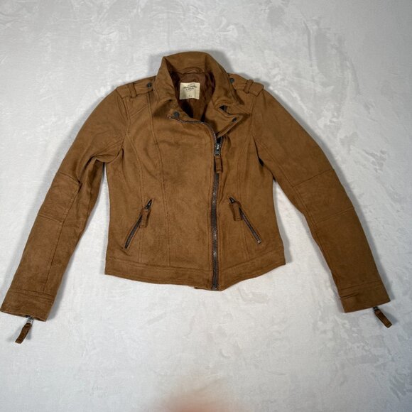 Abercrombie Fitch Biker Jacket Women Size S Brown Full Zip Faux Suede Moto GUC - Picture 2 of 16